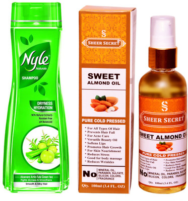 

NYLE 180 ML DRYNESS HYDRATION SHAMPOO with SHEER SECRET COLD PRESSED SWEET ALMOND OIL 100ML(Set of 2)