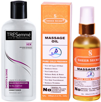 

TRESemme 190 ML SALON SILK MOISTURE CONDITIONER with SHEER SECRET COLD PRESSED MASSAGE OIL 100ML(Set of 2)