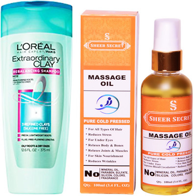 

L'Oreal EXTRA ORDINARY CLAY SHAMPOO 175ML with SHEER SECRET COLD PRESSED MASSAGE OIL 100ML(Set of 2)