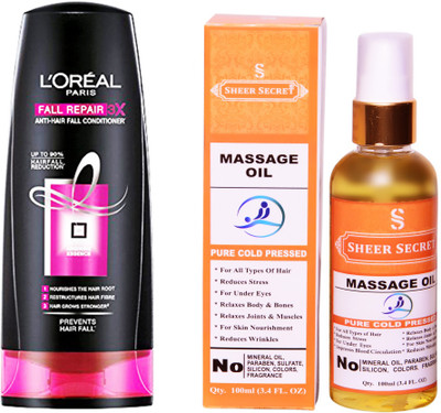 

L'Oreal FALL RESIST 3X CONDITIONER 175 ML with SHEER SECRET COLD PRESSED MASSAGE OIL 100ML(Set of 2)