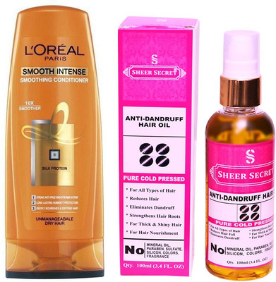 

L'Oreal SMOOTH INTENSE CONDITIONER 175 ML with SHEER SECRET COLD PRESSED ANTI DANDRUFF OIL 100ML(Set of 2)