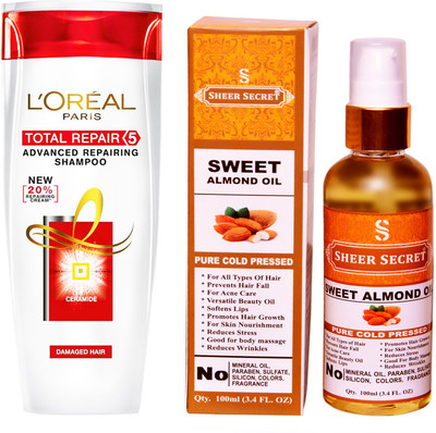 

L'Oreal TOTAL REPAIR 5 SHAMPOO 175ML with SHEER SECRET COLD PRESSED SWEET ALMOND OIL 100ML(Set of 2)