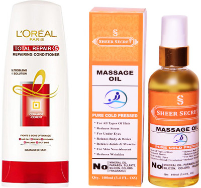 

L'Oreal TOTAL REPAIR 5 CONDITIONER 175 ML with SHEER SECRET COLD PRESSED MASSAGE OIL 100ML(Set of 2)