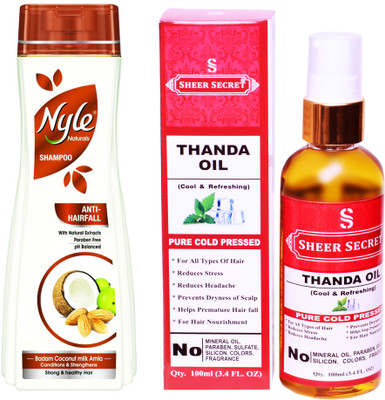 

NYLE 180ML ANTI HAIRFALL SHAMPOO with SHEER SECRET COLD PRESSED THANDA OIL 100ML(Set of 2)