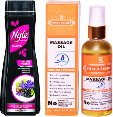 

NYLE 180ML VOLUME ENCHANCE SHAMPOO with SHEER SECRET COLD PRESSED MASSAGE OIL 100ML(Set of 2)