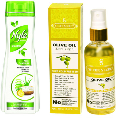 

NYLE 180 ML ANTI DANDRUFF SHAMPOO with SHEER SECRET COLD PRESSED OLIVE OIL 100ML(Set of 2)
