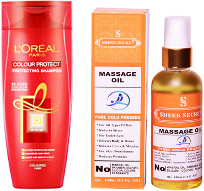 

L'Oreal COLOUR PROTECT SHAMPOO 175ML with SHEER SECRET COLD PRESSED MASSAGE OIL 100ML(Set of 2)
