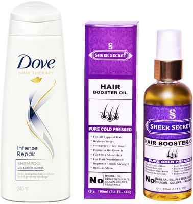 

Dove 180 ML INTENSE REPAIR SHAMPOO with SHEER SECRET COLD PRESSED HAIR BOOSTER OIL 100ML(Set of 2)