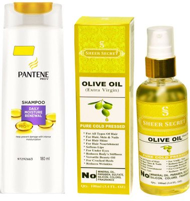 

PANTENE 180 ML DAILY MOISTURE RENEWAL SHAMPOO with SHEER SECRET COLD PRESSED OLIVE OIL 100ML(Set of 2)