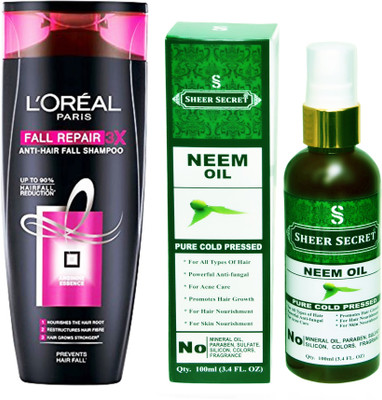

L'Oreal FALL RESIST 3X SHAMPOO 175ML with SHEER SECRET COLD PRESSED NEEM OIL 100ML(Set of 2)