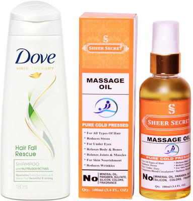 

Dove 180 ML HAIRFALL RESCUE SHAMPOO with SHEER SECRET COLD PRESSED MASSAGE OIL 100ML(Set of 2)