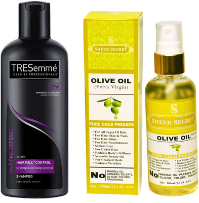 

TRESemme 190 ML HAIR FALL DEFENCE SHAMPOO with SHEER SECRET COLD PRESSED OLIVE OIL 100ML(Set of 2)
