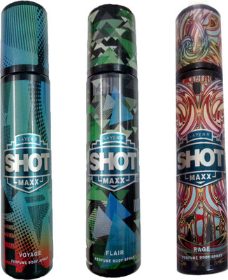 

Layer SHOT MAXX RAGE+SHOT MAXX VOYAGE+SHOT MAXX FLAIR Deodorant Spray - For Men & Women(125 ml, Pack of 3)