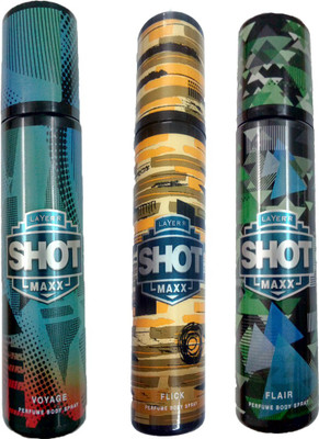 

Layer SHOT MAXX VOYAGE 125 ML+SHOT MAXX FLAIR 125 ML+SHOT MAXX FLICK 125 ML Deodorant Spray - For Men & Women(125 ml)