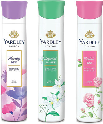 

Yardley London Women Morning Dew,Imperial Jasmine and English Rose 150ML Each (Pack of 3) Body Spray - For Women(450 ml, Pack of 3)