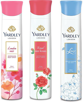 

Yardley London Women London Mist, Royal Red Rose and Lace 150ML Each (Pack of 3) Body Spray - For Women(450 ml, Pack of 3)