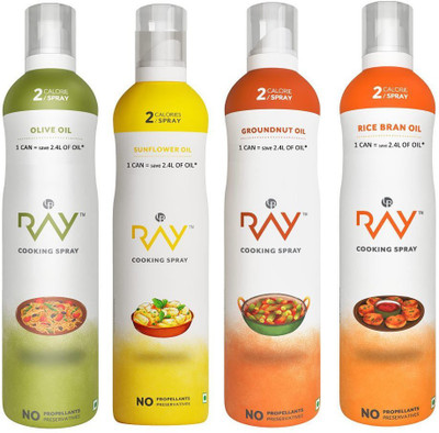 

Ray Healthy Cooking Spray -Combo of (Refined Olive + Groundnut + Sunflower + Rice Bran) OIL - 200 ml each ( 2 Calories/spray) Groundnut Oil Can(4 x 50 ml)