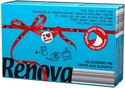 

Renova Pocket Tissues - Blue , 3 Ply , Double Faced , Gorgeously Evocative Blueberry Pie Scented(Pack of 9)