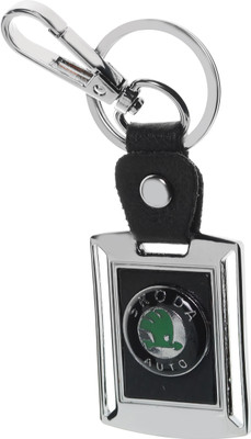 

Three Shades Skoda Leather Metal Logo Locking Curved Locking Car Key Chain (Black & Silver) Key Chain