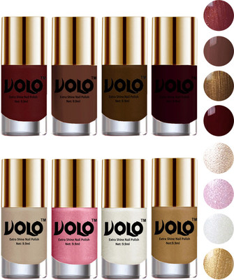 

Volo High-Shine Long Lasting Non Toxic Professional Nail Polish Set of 8 Metallic Maroon, Chocolate Brown, Brown Coffee, Maroon, Chrome Rust, Metallic Pink, Pearly White Chrome, Golden(Pack of 8)