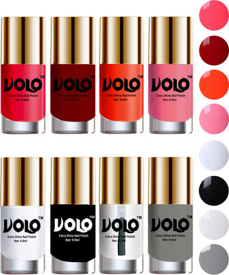 

Volo High-Shine Long Lasting Non Toxic Professional Nail Polish Set of 8 Carrot Red, Red, Coral, Light Pink, Matte White, Black, Extra Shine Top Coat, Grey(Pack of 8)