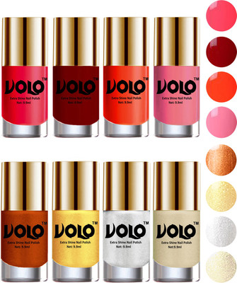 

Volo High-Shine Long Lasting Non Toxic Professional Nail Polish Set of 8 Carrot Red, Red, Coral, Light Pink, Red Gold, Golden, Metallic Silver, Light Golden(Pack of 8)
