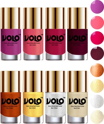 

Volo High-Shine Long Lasting Non Toxic Professional Nail Polish Set of 8 Bright Plum, Pink Mania, Moon Magenta, Wine, Red Gold, Golden, Metallic Silver, Light Golden(Pack of 8)