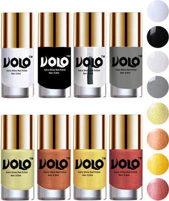 

Volo High-Shine Long Lasting Non Toxic Professional Nail Polish Set of 8 Matte White, Black, Extra Shine Top Coat, Grey, Chrome Olive Green, Bronze Magnetic, Gold Chrome, Hot Lava(Pack of 8)