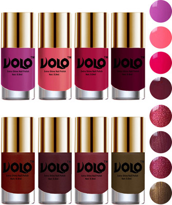 

Volo High-Shine Long Lasting Non Toxic Professional Nail Polish Set of 8 Bright Plum, Pink Mania, Moon Magenta, Wine, Lava Lust, Shimmer Coffee, Metallic Red, Gold, Metallic Coffee(Pack of 8)
