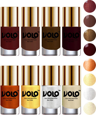 

Volo High-Shine Long Lasting Non Toxic Professional Nail Polish Set of 8 Metallic Maroon, Chocolate Brown, Brown Coffee, Maroon, Red Gold, Golden, Metallic Silver, Light Golden(Pack of 8)