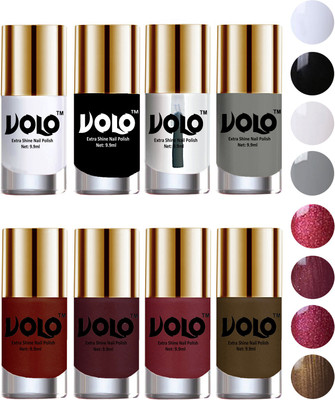 

Volo High-Shine Long Lasting Non Toxic Professional Nail Polish Set of 8 Matte White, Black, Extra Shine Top Coat, Grey, Lava Lust, Shimmer Coffee, Metallic Red, Gold, Metallic Coffee(Pack of 8)
