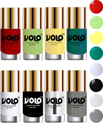

Volo High-Shine Long Lasting Non Toxic Professional Nail Polish Set of 8 Reddish Orange, Parrot Green, Yellow, Radium Green, Matte White, Black, Extra Shine Top Coat, Grey(Pack of 8)