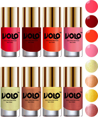 

Volo High-Shine Long Lasting Non Toxic Professional Nail Polish Set of 8 Carrot Red, Red, Coral, Light Pink, Chrome Olive Green, Bronze Magnetic, Gold Chrome, Hot Lava(Pack of 8)