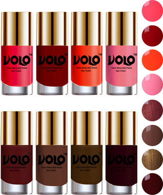 

Volo High-Shine Long Lasting Non Toxic Professional Nail Polish Set of 8 Carrot Red, Red, Coral, Light Pink, Metallic Maroon, Chocolate Brown, Brown Coffee, Maroon(Pack of 8)