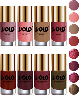

Volo High-Shine Long Lasting Non Toxic Professional Nail Polish Set of 8 Nudes Spring, Candy Cotton, Dark Nude, Tan, Lava Lust, Shimmer Coffee, Metallic Red, Gold, Metallic Coffee(Pack of 8)