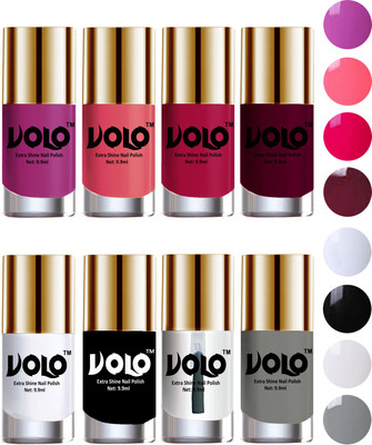 

Volo High-Shine Long Lasting Non Toxic Professional Nail Polish Set of 8 Bright Plum, Pink Mania, Moon Magenta, Wine, Matte White, Black, Extra Shine Top Coat, Grey(Pack of 8)