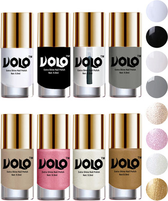 

Volo High-Shine Long Lasting Non Toxic Professional Nail Polish Set of 8 Matte White, Black, Extra Shine Top Coat, Grey, Chrome Rust, Metallic Pink, Pearly White Chrome, Golden(Pack of 8)