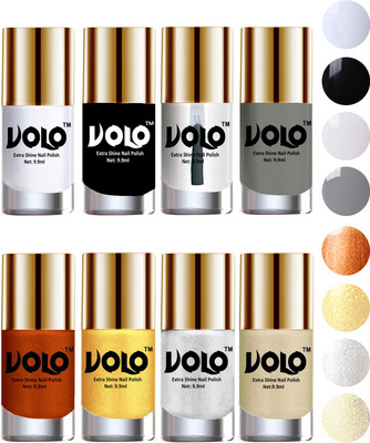 

Volo High-Shine Long Lasting Non Toxic Professional Nail Polish Set of 8 Matte White, Black, Extra Shine Top Coat, Grey, Red Gold, Golden, Metallic Silver, Light Golden(Pack of 8)