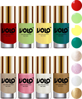 

Volo High-Shine Long Lasting Non Toxic Professional Nail Polish Set of 8 Reddish Orange, Parrot Green, Yellow, Radium Green, Chrome Rust, Metallic Pink, Pearly White Chrome, Golden(Pack of 8)