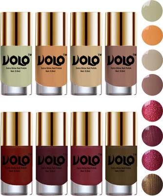 

Volo High-Shine Long Lasting Non Toxic Professional Nail Polish Set of 8 Mischievous Mint, Flirty Nude, Nude, Dark Nude, Lava Lust, Shimmer Coffee, Metallic Red, Gold, Metallic Coffee(Pack of 8)