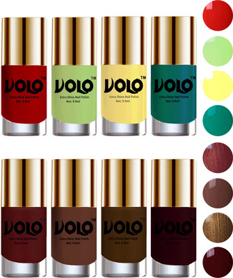 

Volo High-Shine Long Lasting Non Toxic Professional Nail Polish Set of 8 Reddish Orange, Parrot Green, Yellow, Radium Green, Metallic Maroon, Chocolate Brown, Brown Coffee, Maroon(Pack of 8)