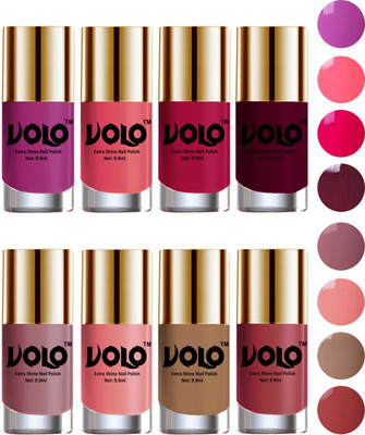 

Volo High-Shine Long Lasting Non Toxic Professional Nail Polish Set of 8 Bright Plum, Pink Mania, Moon Magenta, Wine, Nudes Spring, Candy Cotton, Dark Nude, Tan(Pack of 8)