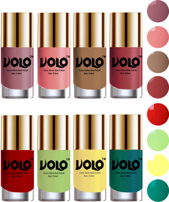 

Volo High-Shine Long Lasting Non Toxic Professional Nail Polish Set of 8 Nudes Spring, Candy Cotton, Dark Nude, Tan, Reddish Orange, Parrot Green, Yellow, Radium Green(Pack of 8)