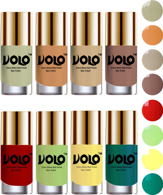 

Volo High-Shine Long Lasting Non Toxic Professional Nail Polish Set of 8 Mischievous Mint, Flirty Nude, Nude, Dark Nude, Reddish Orange, Parrot Green, Yellow, Radium Green(Pack of 8)