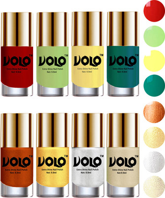 

Volo High-Shine Long Lasting Non Toxic Professional Nail Polish Set of 8 Reddish Orange, Parrot Green, Yellow, Radium Green, Red Gold, Golden, Metallic Silver, Light Golden(Pack of 8)