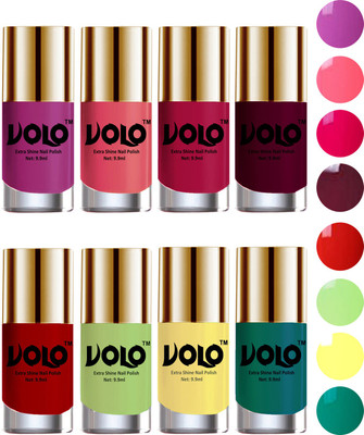

Volo High-Shine Long Lasting Non Toxic Professional Nail Polish Set of 8 Bright Plum, Pink Mania, Moon Magenta, Wine, Reddish Orange, Parrot Green, Yellow, Radium Green(Pack of 8)