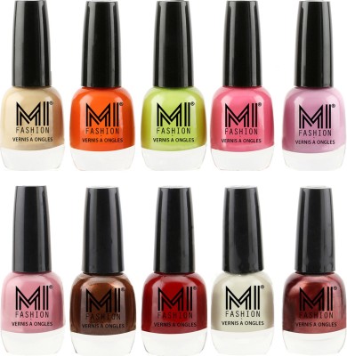 

MI Fashion Daily Delight Nail Polish Combo in 10 Classy Shades Nude Beigh,Candy Coral,Lime Green,Doll Pink,Light Lilac,Nude Spring,Brown Coffee,Mighty Maroon,Mischievous Mint, Metallic Maroon(Pack of 10)