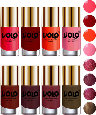 

Volo High-Shine Long Lasting Non Toxic Professional Nail Polish Set of 8 Carrot Red, Red, Coral, Light Pink, Lava Lust, Shimmer Coffee, Metallic Red, Gold, Metallic Coffee(Pack of 8)