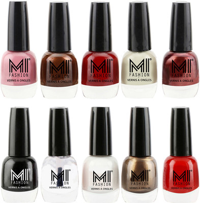 MI Fashion Daily Delight Nail Polish Combo in 10 Classy Shades Nude Spring,Brown Coffee,Mighty Maroon,Mischievous Mint, Metallic Maroon,Jet Black,Crystal Clear,Milky White,Metallic Coffee,Vampire Red(Pack of 10)