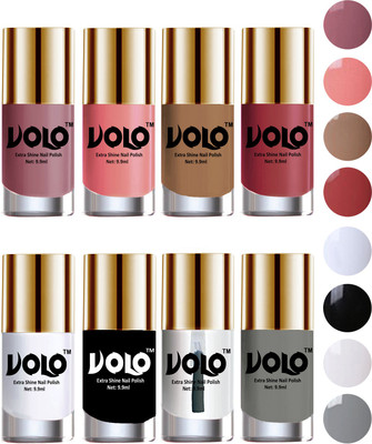 

Volo High-Shine Long Lasting Non Toxic Professional Nail Polish Set of 8 Nudes Spring, Candy Cotton, Dark Nude, Tan, Matte White, Black, Extra Shine Top Coat, Grey(Pack of 8)
